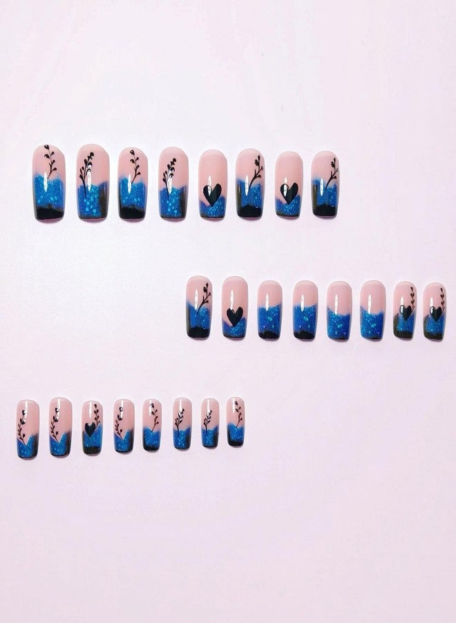 OCOUYVD Blue Gradient French Tip Press on Nails Short Square Shaped False Nails Heart Love Pattern Designs Glitter Acrylic Fake Nails Full Cover Glossy Artificial Stick on Nail Women Nail Art DIY 24 Pcs - Image 3